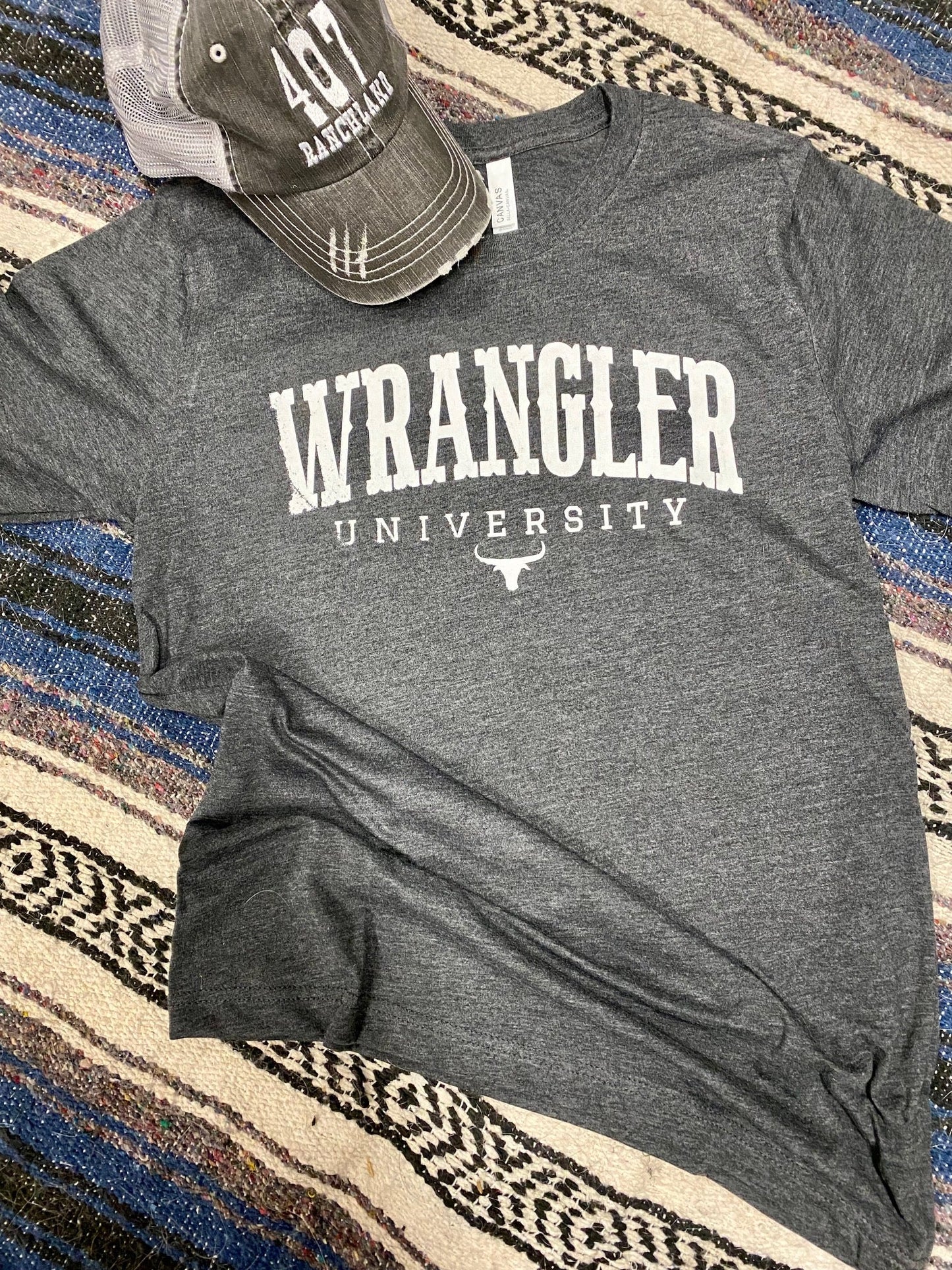 Wrangler University Collegiate Graphic Tee | Premium Bella + Canvas 3001 Western Shirt | Rowdy Rowels Dark Heather Grey Rodeo T-Shirt