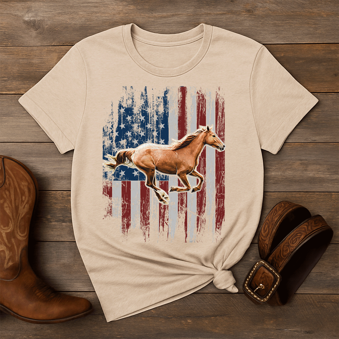American Flag Horse Western Graphic Tee - Distressed Patriotic Western Top for Vintage Equestrian Spirit