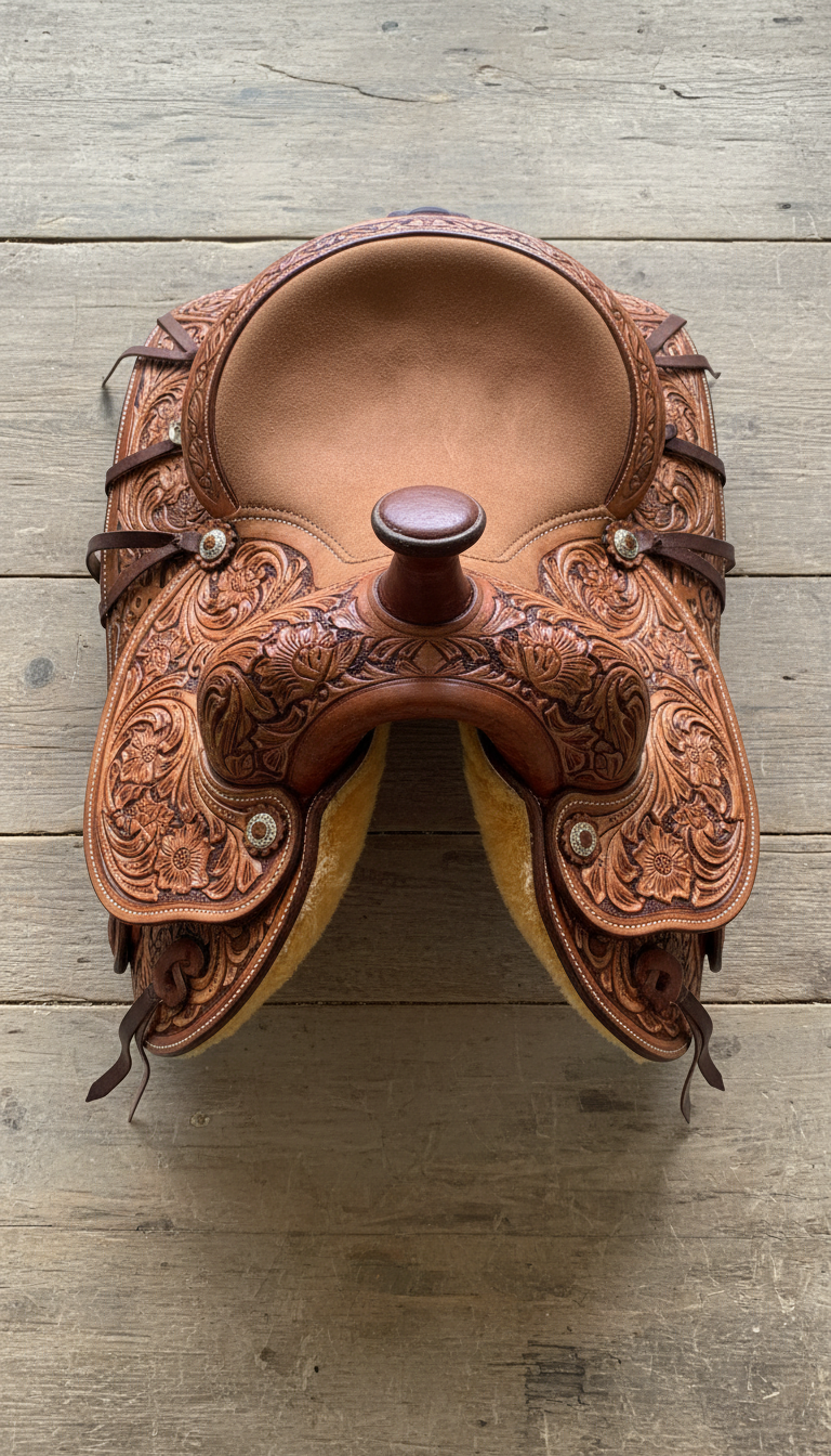 Hand-tooled Western saddle with floral carving