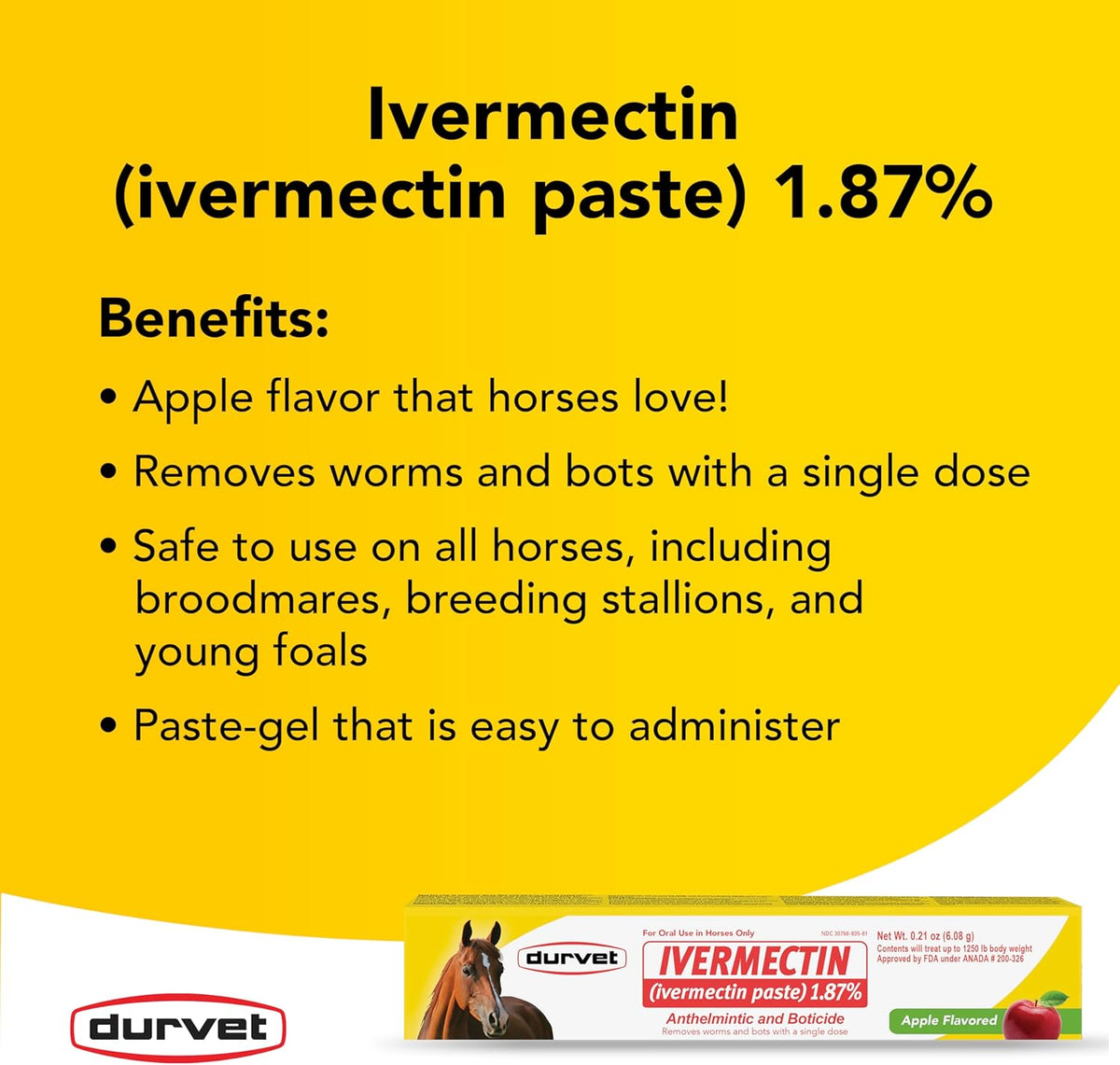 Durvet Ivermectin Horse Wormer Apple Flavor Broad Spectrum Equine Dewormer 3-Pack