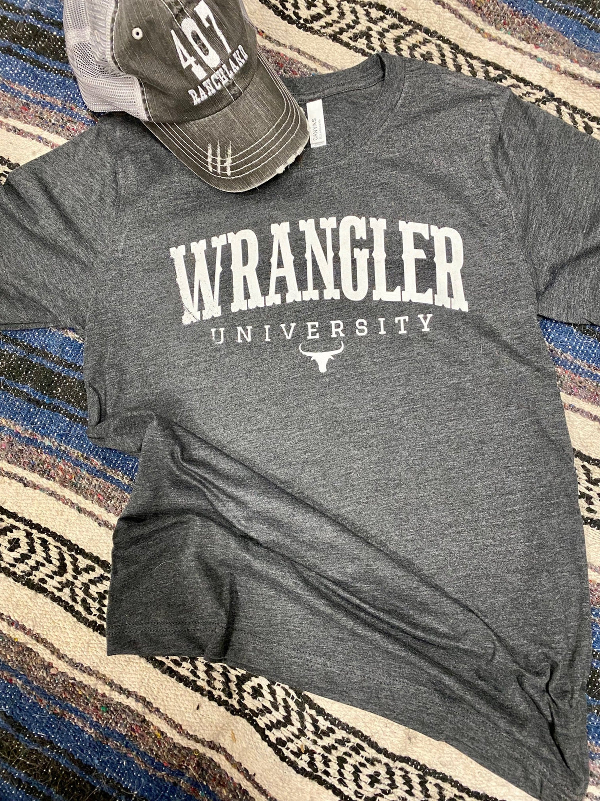 Wrangler University Collegiate Graphic Tee | Premium Bella + Canvas 3001 Western Shirt | Rowdy Rowels Dark Heather Grey Rodeo T-Shirt
