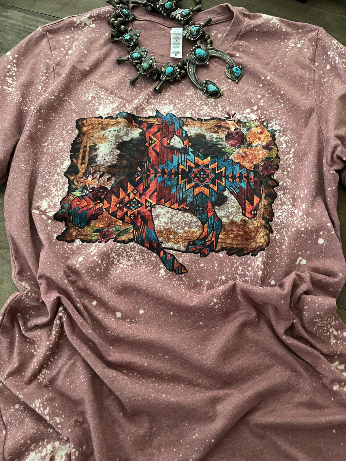 Boho Bronc Rider Bleached Graphic Tee | Southwestern Aztec Horse Bella + Canvas 3001 T-Shirt