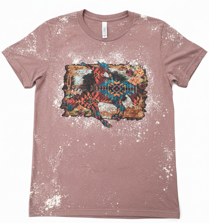 Boho Bronc Rider Bleached Graphic Tee | Southwestern Aztec Horse Bella + Canvas 3001 T-Shirt