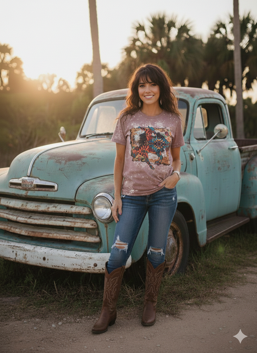 Boho Bronc Rider Bleached Graphic Tee | Southwestern Aztec Horse Bella + Canvas 3001 T-Shirt