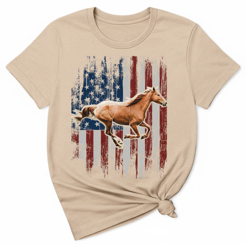 American Flag Horse Western Graphic Tee - Distressed Patriotic Western Top for Vintage Equestrian Spirit