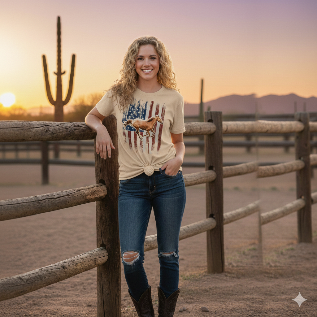 American Flag Horse Western Graphic Tee - Distressed Patriotic Western Top for Vintage Equestrian Spirit
