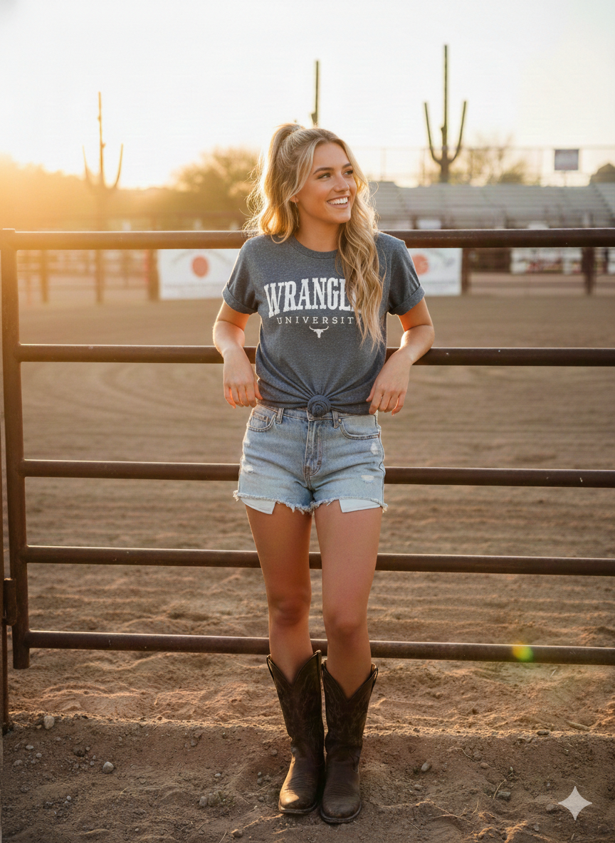 Wrangler University Collegiate Graphic Tee | Premium Bella + Canvas 3001 Western Shirt | Rowdy Rowels Dark Heather Grey Rodeo T-Shirt